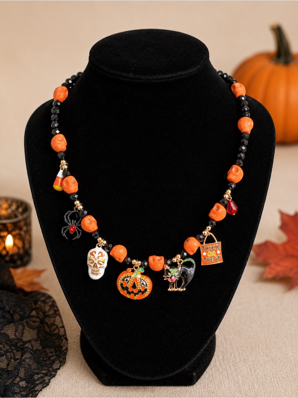 Halloween Charm Necklace - Orange and Black Women’s Jewelry